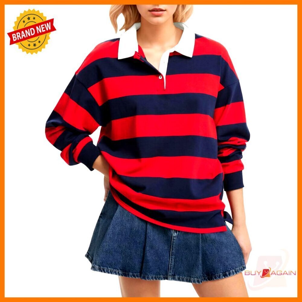 Oversized Striped Polo Rugby Sweatshirt V Neck Lapel Collar Y2K Streetwear